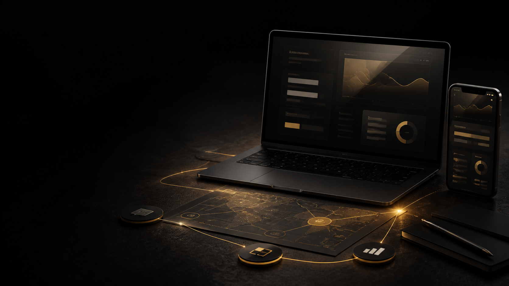 A connected website and business workflow shown across a laptop, phone and strategy map