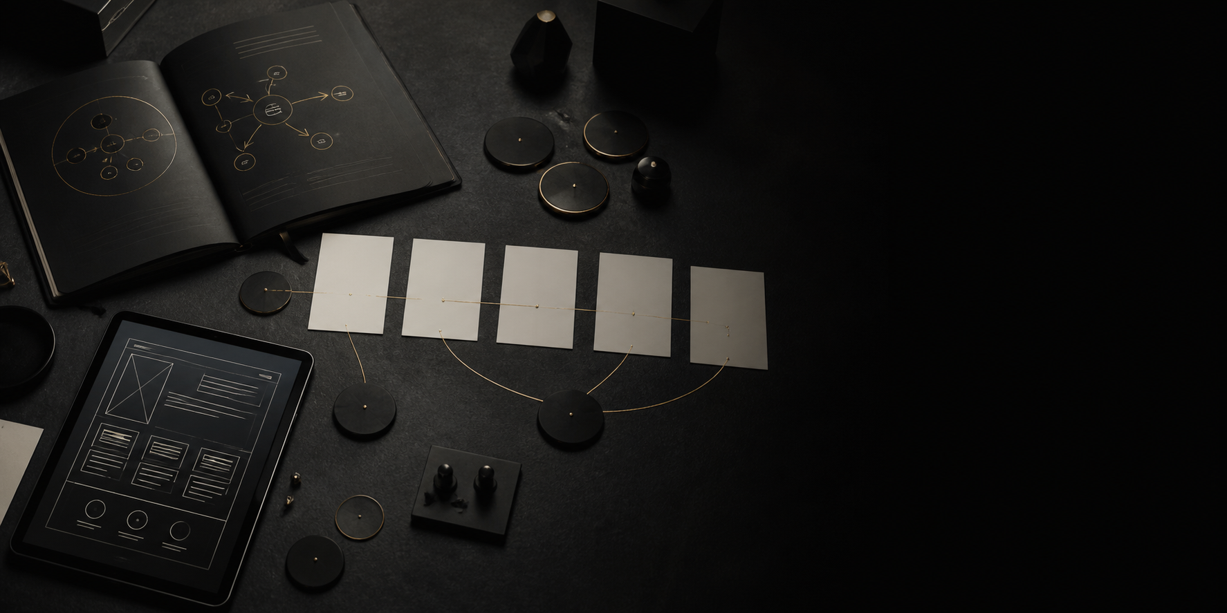 A dark strategy workspace with a website plan, connected journey cards and gold workflow lines