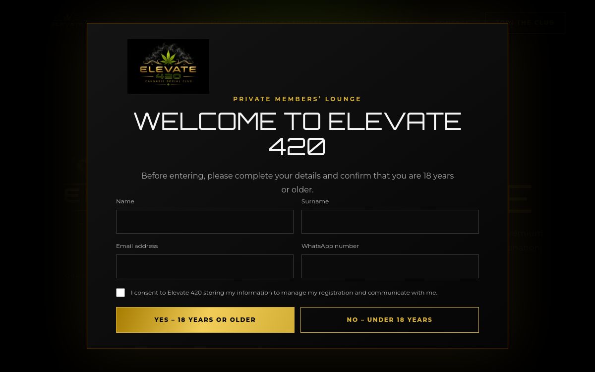Elevate 420 premium cannabis social club website homepage
