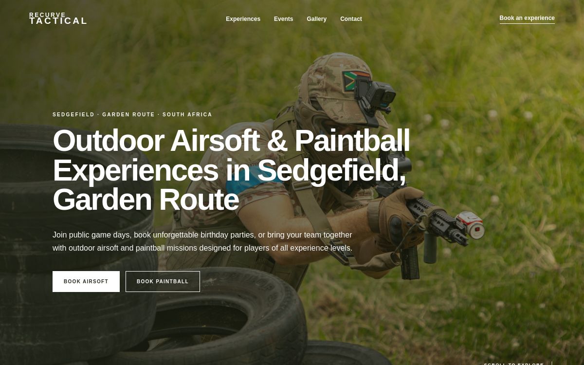Recurve Tactical website homepage presenting outdoor airsoft and paintball experiences in Sedgefield