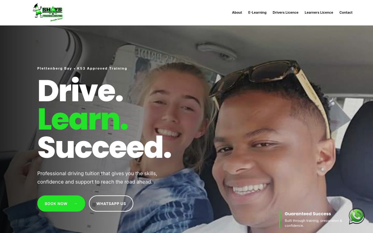 Shay's Driving School website homepage showing the Drive Learn Succeed message