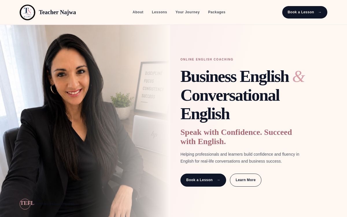Teacher Najwa website homepage showing Business English and Conversational English coaching