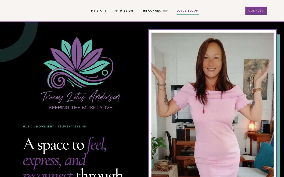Tracey Lotus Anderson website homepage featuring her Lotus Bloom personal brand